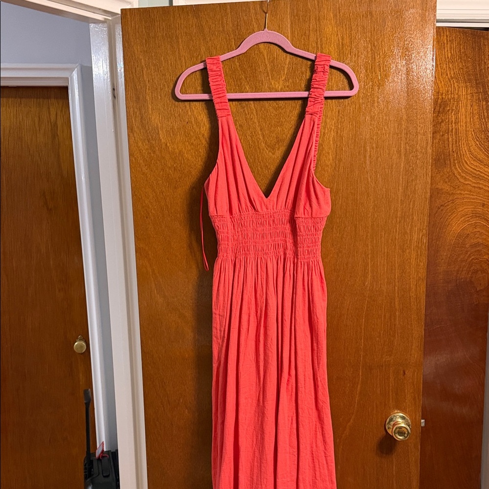 Abercrombie & Fitch Coral Maxi Dress with Smocked Waist